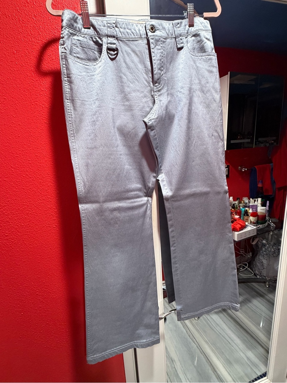 Guess Women's Light Blue/Gray Satin Bootcut Pants